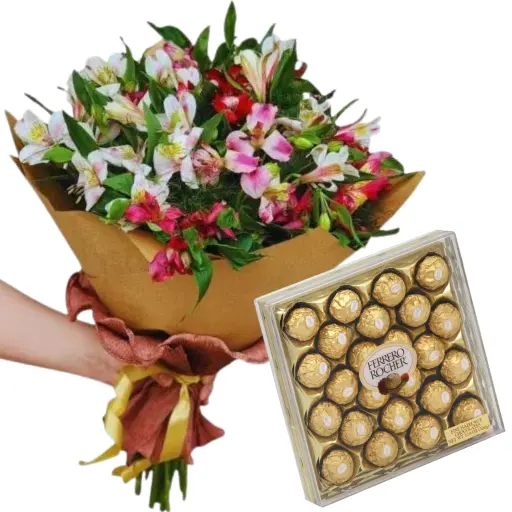 Ramo de flores astromelias con bombones ferrero rocher x 24